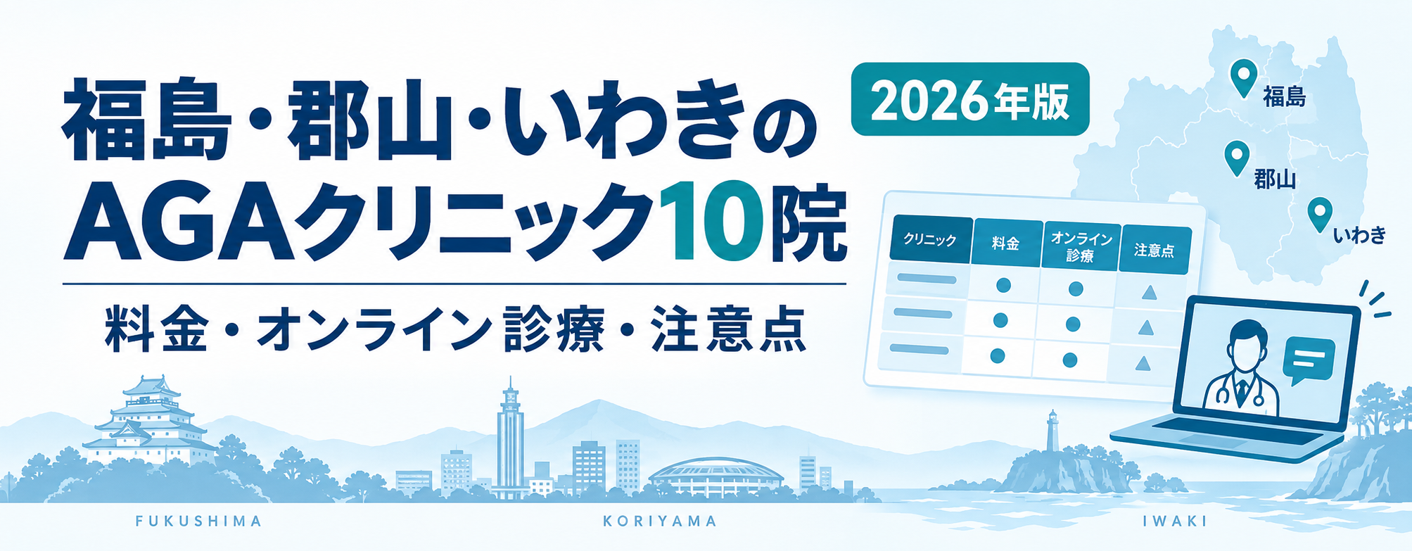 福島・郡山・いわきのAGAクリニック10院の料金・オンライン診療・注意点を比較