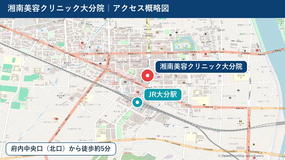 湘南美容クリニック大分院とJR大分駅の位置を示すアクセス概略図