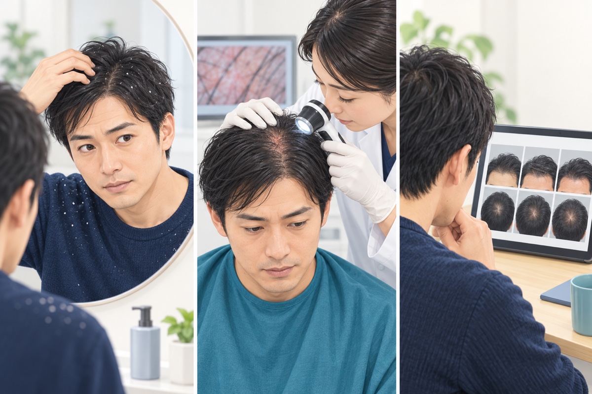 フケ・頭皮の炎症・薄毛の経過を確認する3場面のイラスト