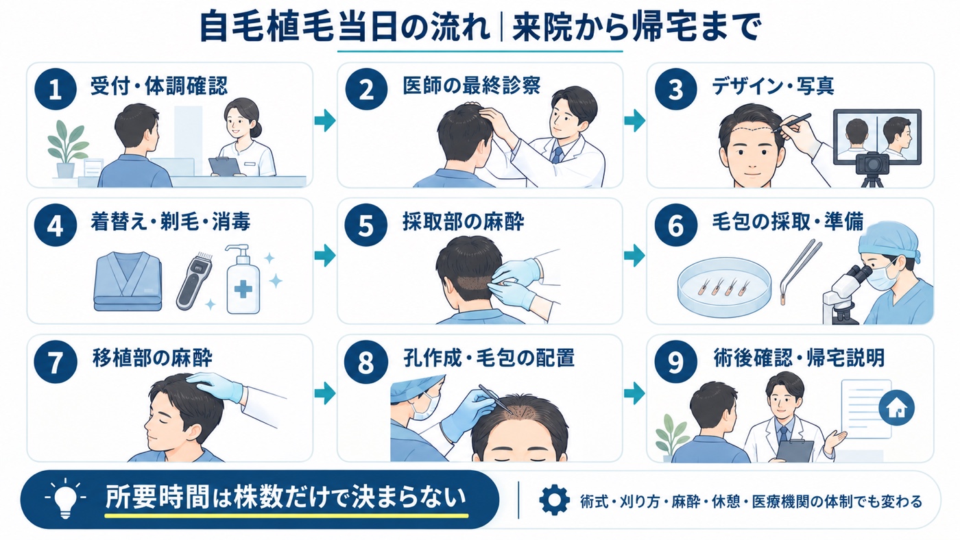 自毛植毛手術当日の来院から帰宅までの9工程