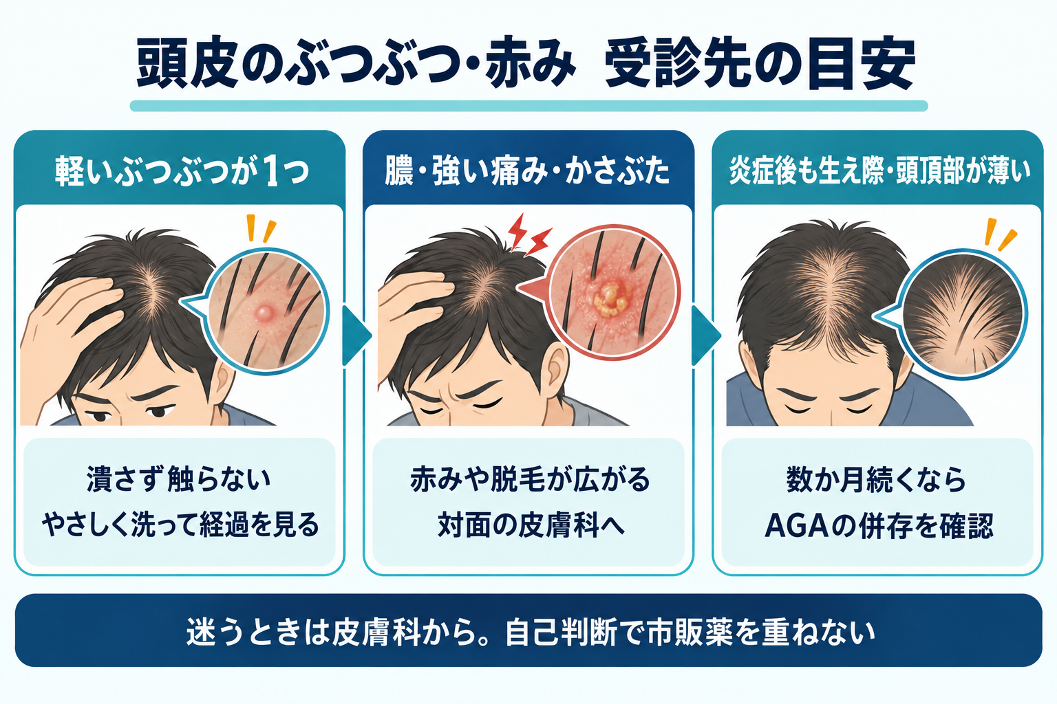頭皮のぶつぶつ・赤みで皮膚科とAGA相談を選ぶ目安