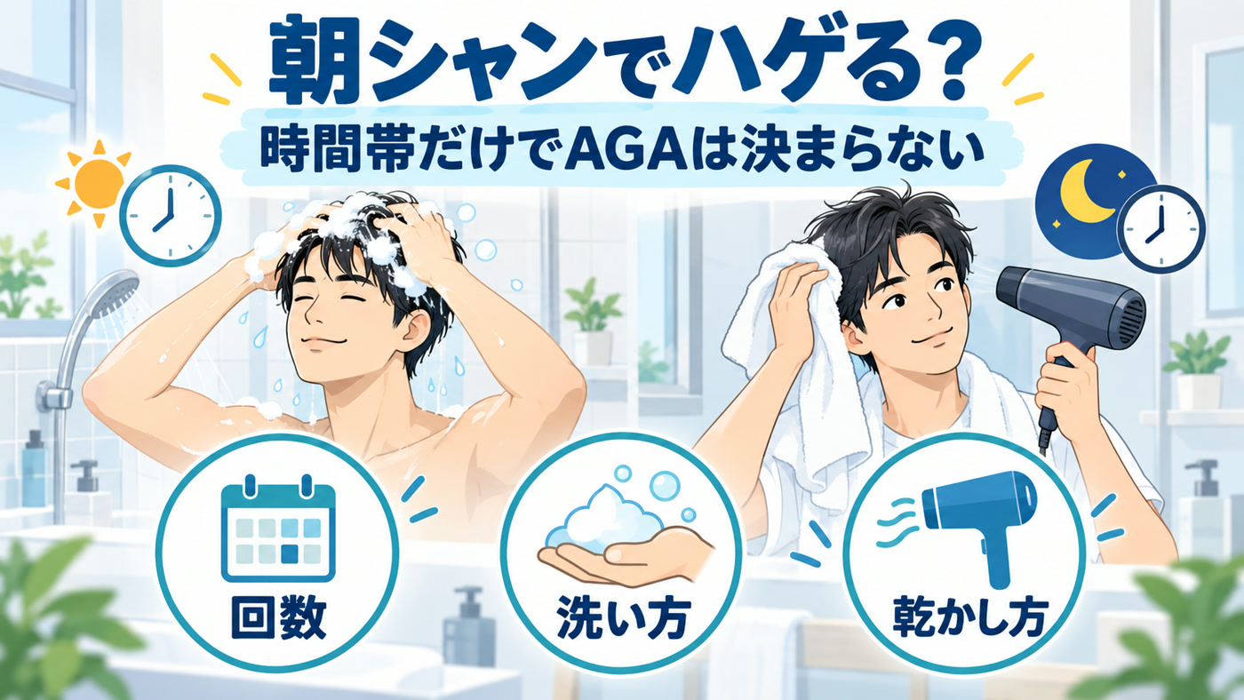 朝シャンでは時間帯だけでなく、洗髪回数・洗い方・乾かし方を確認する図