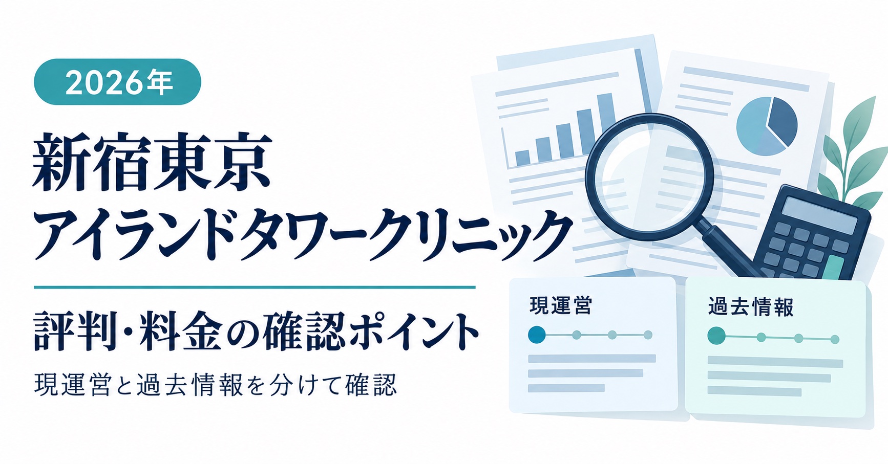 新宿東京アイランドタワークリニックの評判・料金を、現運営と過去情報に分けて確認するための解説イラスト
