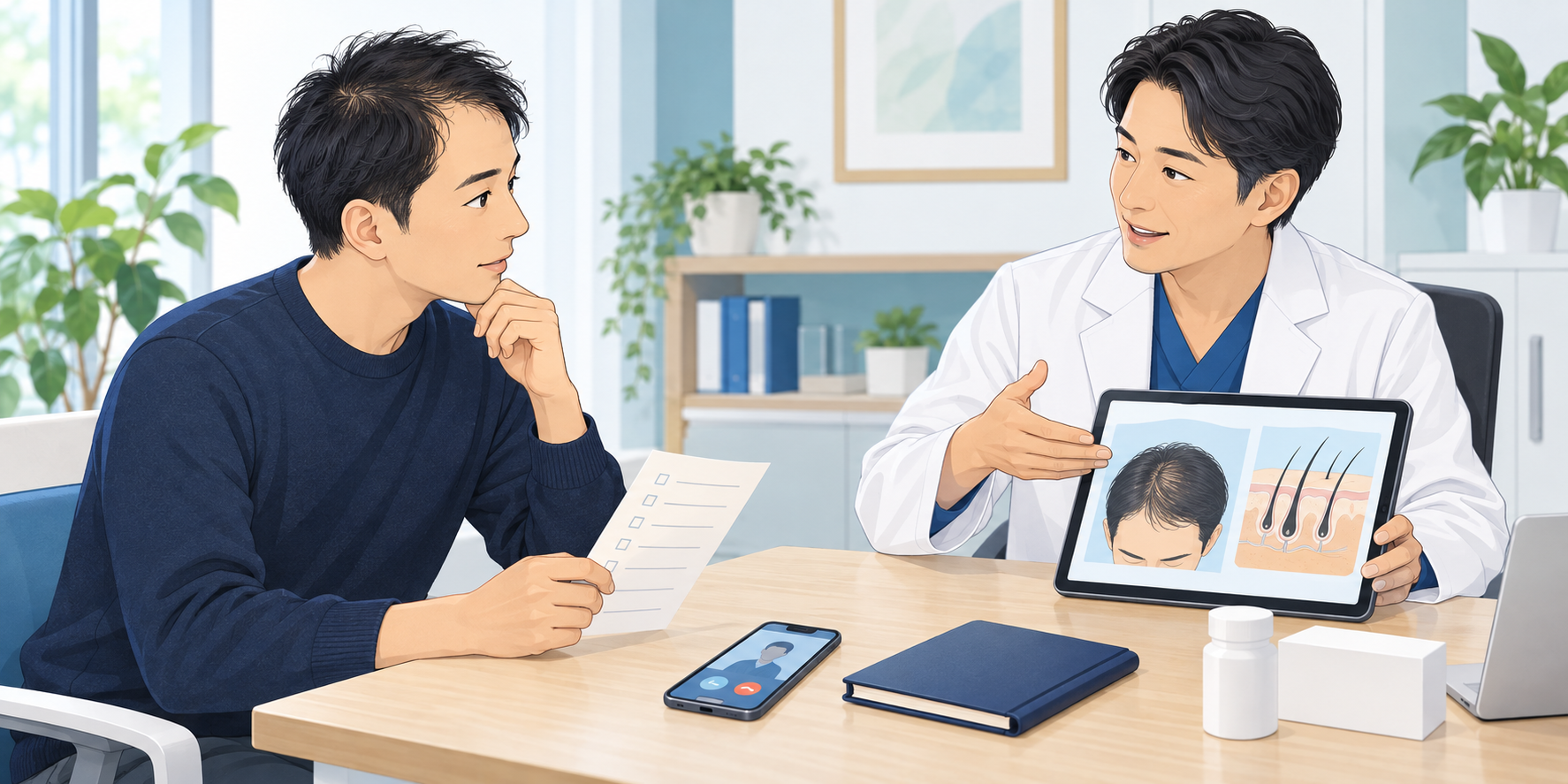 AGAの初診で医師に経過や薬、オンライン診療について相談するイメージ