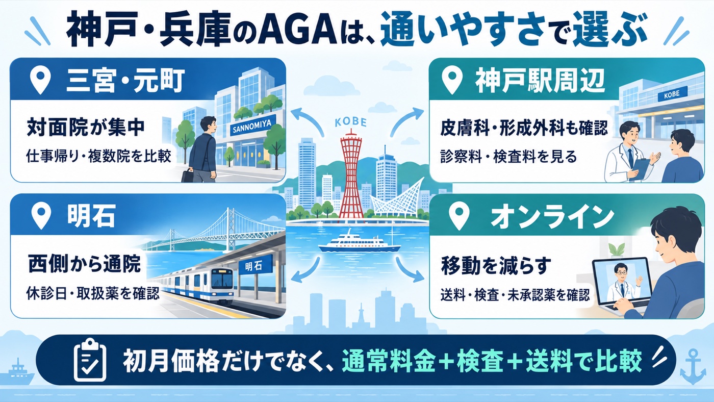 神戸・兵庫のAGAクリニックを三宮・元町、神戸駅周辺、明石、オンラインから選ぶ図解