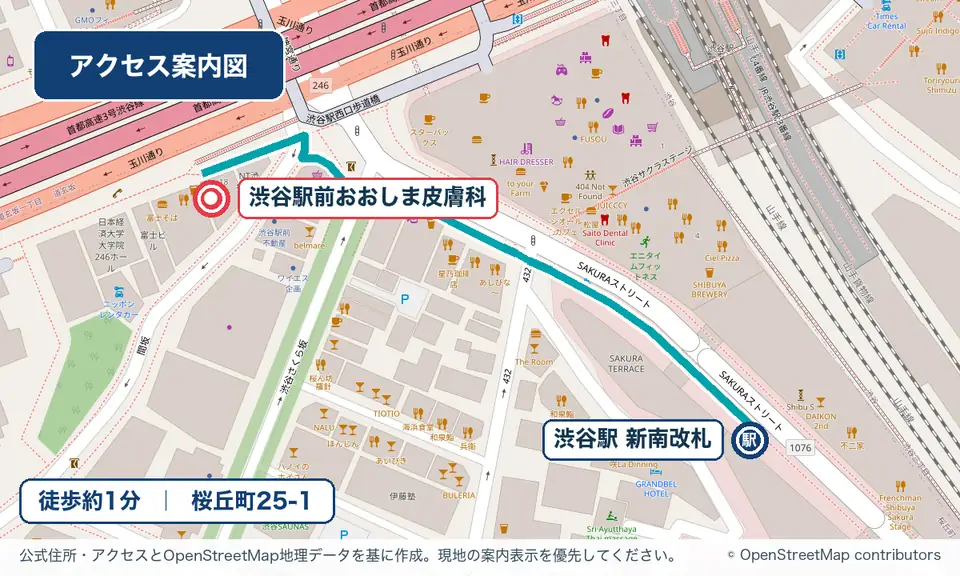 渋谷駅新南改札から渋谷駅前おおしま皮膚科までの徒歩アクセス図