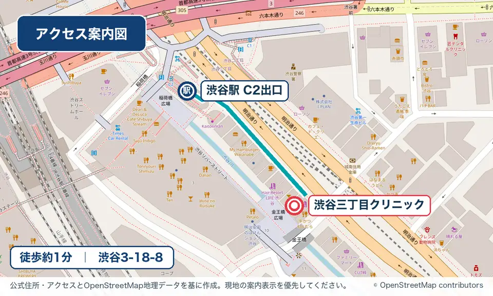 渋谷駅C2出口から渋谷三丁目クリニックまでの徒歩アクセス図