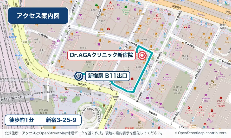 新宿駅B11出口からDr.AGAクリニック新宿院までの徒歩アクセス図
