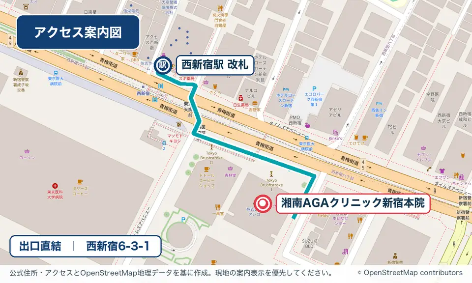 西新宿駅C10出口から湘南AGAクリニック新宿本院までのアクセス図